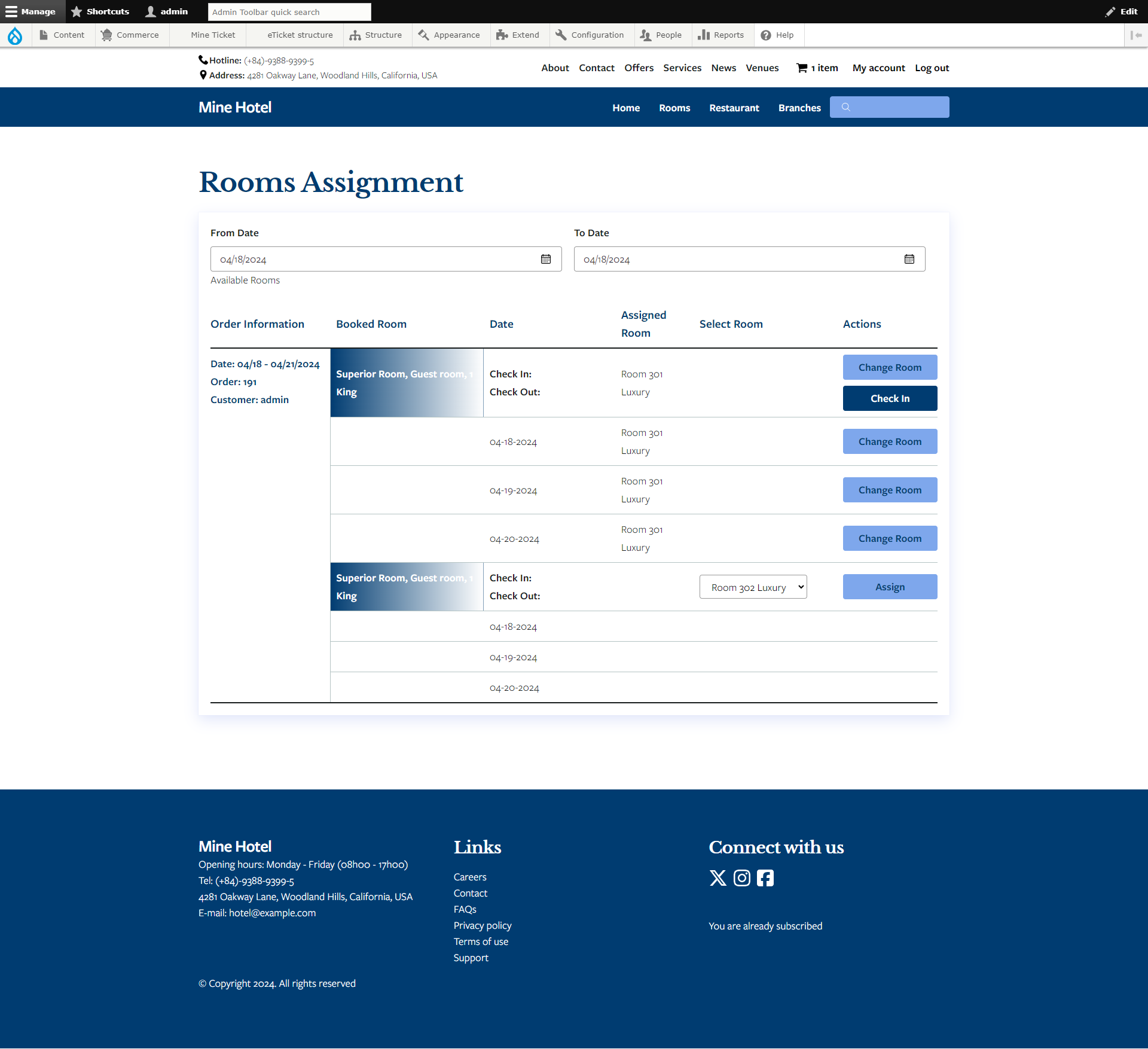 Assign room 1 with room 301 (wait checkin - checkout)